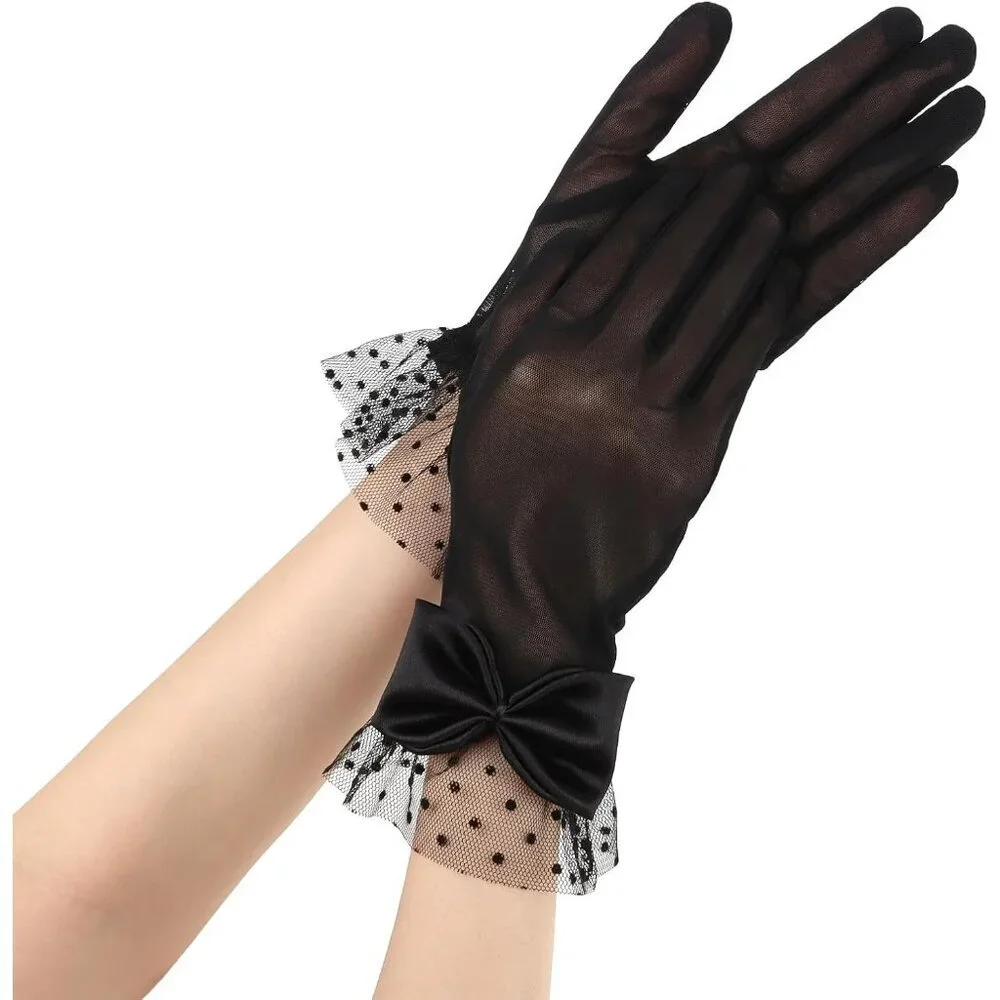 Women's Black Bow Short Lace Veil Feather Derby Tea Party Elegant Gloves Styles